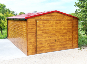 4x6m DELUX mobile garage with gable roof, tilting door, plywood roof covering, skirting, guttering, horizontal cladding, double painted (black) frame