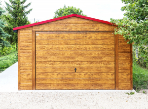 4x6m DELUX mobile garage with gable roof, tilting door, plywood roof covering, skirting, guttering, horizontal cladding, double painted (black) frame