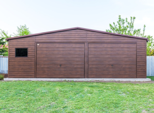 8x5m DELUX mobile garage with gable roof, 2 tilting doors, door, window, skirting, gutter, double painted (black) frame, horizontal sheet metal cladding