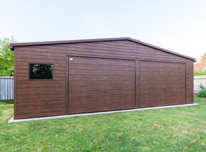 8x5m DELUX mobile garage with gable roof, 2 tilting doors, door, window, skirting, gutter, double painted (black) frame, horizontal sheet metal cladding