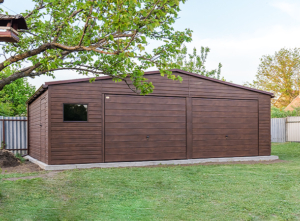 8x5m DELUX mobile garage with gable roof, 2 tilting doors, door, window, skirting, gutter, double painted (black) frame, horizontal sheet metal cladding