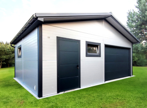 7x5m DELUX insulated mobile garage with gable roof, sectional door, door, 2 windows, 2 ventilation grilles, cornices, guttering, plywood roof covering, galvanized frame