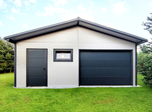 7x5m DELUX insulated mobile garage with gable roof, sectional door, door, 2 windows, 2 ventilation grilles, cornices, guttering, plywood roof covering, galvanized frame