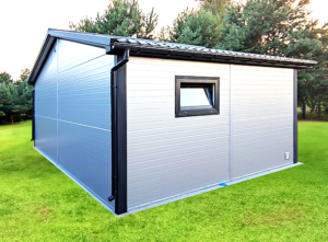 7x5m DELUX insulated mobile garage with gable roof, sectional door, door, 2 windows, 2 ventilation grilles, cornices, guttering, plywood roof covering, galvanized frame