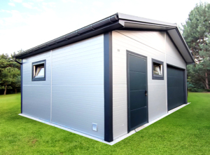 7x5m DELUX insulated mobile garage with gable roof, sectional door, door, 2 windows, 2 ventilation grilles, cornices, guttering, plywood roof covering, galvanized frame