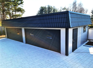 12x6m DELUX insulated workshop / warehouse / mobile garage with custom designed back sloping roof, 2 sectional doors, doors, 5 windows, cornices, guttering, plywood roof cladding, galvanized frame structure