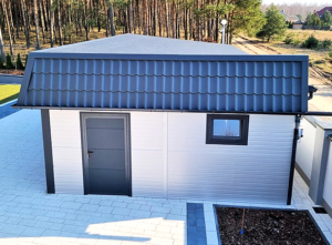 12x6m DELUX insulated workshop / warehouse / mobile garage with custom designed back sloping roof, 2 sectional doors, doors, 5 windows, cornices, guttering, plywood roof cladding, galvanized frame structure