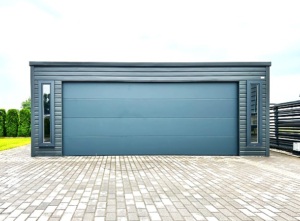 6x6m DELUX mobile garage, light-frame garage with sloping roof, sectional door, door, 4 windows, cornices, gutter, galvanized frame, horizontal sheet metal cladding