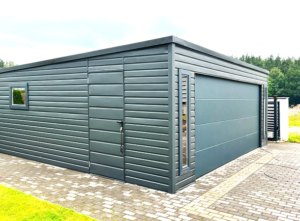 6x6m DELUX mobile garage, light-frame garage with sloping roof, sectional door, door, 4 windows, cornices, gutter, galvanized frame, horizontal sheet metal cladding