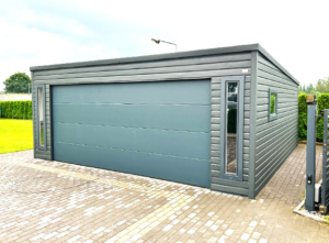 6x6m DELUX mobile garage, light-frame garage with sloping roof, sectional door, door, 4 windows, cornices, gutter, galvanized frame, horizontal sheet metal cladding