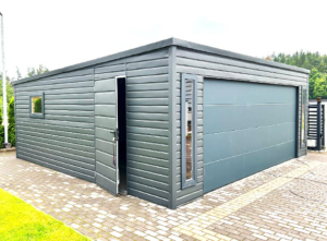 6x6m DELUX mobile garage, light-frame garage with sloping roof, sectional door, door, 4 windows, cornices, gutter, galvanized frame, horizontal sheet metal cladding