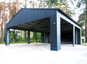 7x7m DELUX carport / tractor shed with gable roof, skirting, horizontal sheeting on the posts and vertical sheeting under the roof, double painted (black) frame structure