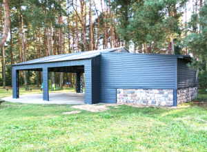 7x7m DELUX carport / tractor shed with gable roof, skirting, horizontal sheeting on the posts and vertical sheeting under the roof, double painted (black) frame structure