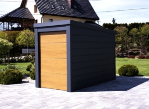 1.5-2×3m DELUX motor garage / quad garage / storage with back sloping roof, insulated, motorized sectional door, guttering, skirting, galvanized frame structure