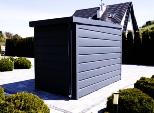 1.5-2×3m DELUX motor garage / quad garage / storage with back sloping roof, insulated, motorized sectional door, guttering, skirting, galvanized frame structure