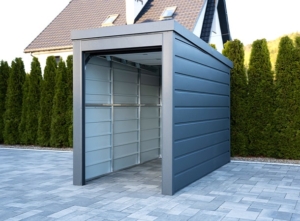 1.5-2×3m DELUX motor garage / quad garage / storage with back sloping roof, insulated, motorized sectional door, guttering, skirting, galvanized frame structure