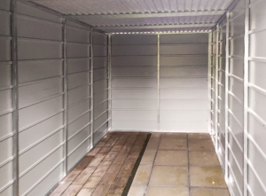 2,05x3,4m DELUX garden storage with back sloping roof, door, edging, wide horizontal sheet metal cover, galvanized frame