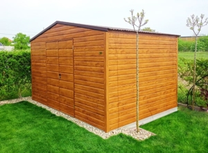 4x3m DELUX garden shed with gable roof, double wing gate, edging, double painted (brown) steel frame, horizontal cladding