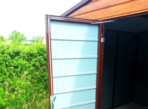 4x3m DELUX garden shed with gable roof, double wing gate, edging, double painted (brown) steel frame, horizontal cladding