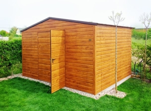 4x3m DELUX garden shed with gable roof, double wing gate, edging, double painted (brown) steel frame, horizontal cladding