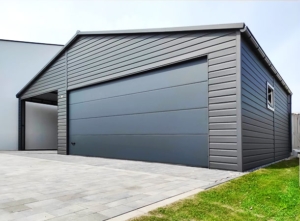 9x6m quality mobile garage with gable roof, sectional door, door, window, skirting, guttering, horizontal cladding, galvanized frame