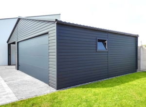 9x6m quality mobile garage with gable roof, sectional door, door, window, skirting, guttering, horizontal cladding, galvanized frame