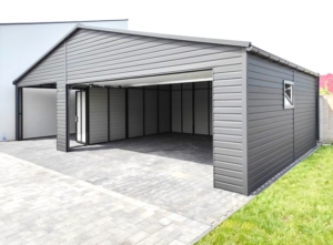 9x6m quality mobile garage with gable roof, sectional door, door, window, skirting, guttering, horizontal cladding, galvanized frame