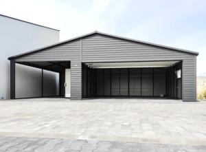 9x6m quality mobile garage with gable roof, sectional door, door, window, skirting, guttering, horizontal cladding, galvanized frame