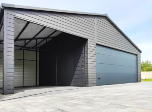 9x6m quality mobile garage with gable roof, sectional door, door, window, skirting, guttering, horizontal cladding, galvanized frame