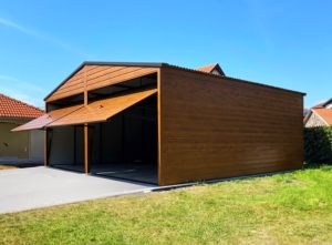 6x5,5m quality mobile garage with gable roof, 2 tilting gates, with horizontal planking, galvanized frame