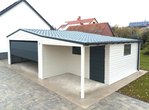 9x6m mobile garage lightweight garage with gable roof and sloping roof to the right, sectional door, door, window, skirting, horizontal cladding, guttering, galvanized frame