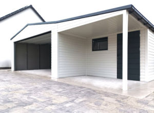 9x6m mobile garage lightweight garage with gable roof and sloping roof to the right, sectional door, door, window, skirting, horizontal cladding, guttering, galvanized frame