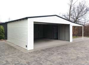 9x6m mobile garage lightweight garage with gable roof and sloping roof to the right, sectional door, door, window, skirting, horizontal cladding, guttering, galvanized frame