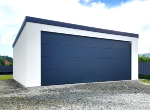 6x5,78m DELUX plastered mobile garage with back sloping roof, sectional door, door, window, gutter, skirting, galvanized frame