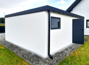 6x5,78m DELUX plastered mobile garage with back sloping roof, sectional door, door, window, gutter, skirting, galvanized frame