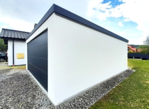 6x5,78m DELUX plastered mobile garage with back sloping roof, sectional door, door, window, gutter, skirting, galvanized frame