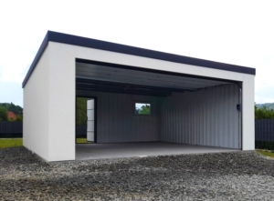 6x5,78m DELUX plastered mobile garage with back sloping roof, sectional door, door, window, gutter, skirting, galvanized frame