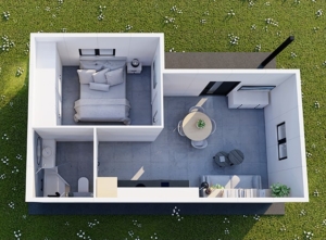 40 m²-es (8x5m) egész évben lakható DELUX mobilház hálószobával, hátra lejtő tetővel, 1db szigetelt alumínium ajtóval, 2db kétszárnyú nyíló-bukó és 1db bukó PVC ablakkal, PIR paneles szendvicsszerkezettel, trapézlemezes tetőfedéssel, padlózattal, lakható kivitelben