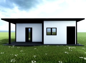 40 m²-es (8x5m) négyévszakos DELUX mobilház hálószobával + önálló bejáratú tárolóhelyiséggel, hátra lejtő tetővel, 1db szigetelt alumínium ajtóval, 2db kétszárnyú nyíló-bukó és 1db bukó PVC ablakkal, PIR paneles szendvicsszerkezettel, trapézlemezes tetőfedéssel, padlózattal