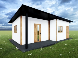 40 m²-es (8x5m) négyévszakos DELUX mobilház hálószobával + önálló bejáratú tárolóhelyiséggel, hátra lejtő tetővel, 1db szigetelt alumínium ajtóval, 2db kétszárnyú nyíló-bukó és 1db bukó PVC ablakkal, PIR paneles szendvicsszerkezettel, trapézlemezes tetőfedéssel, padlózattal