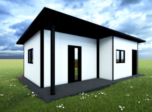 40 m²-es (8x5m) négyévszakos DELUX mobilház hálószobával + önálló bejáratú tárolóhelyiséggel, hátra lejtő tetővel, 1db szigetelt alumínium ajtóval, 2db kétszárnyú nyíló-bukó és 1db bukó PVC ablakkal, PIR paneles szendvicsszerkezettel, trapézlemezes tetőfedéssel, padlózattal