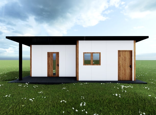 40 m²-es (8x5m) négyévszakos DELUX mobilház hálószobával + önálló bejáratú tárolóhelyiséggel, hátra lejtő tetővel, 1db szigetelt alumínium ajtóval, 2db kétszárnyú nyíló-bukó és 1db bukó PVC ablakkal, PIR paneles szendvicsszerkezettel, trapézlemezes tetőfedéssel, padlózattal
