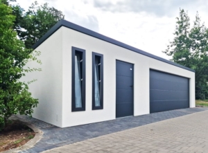 9,5x6,29m DELUX plastered insulated mobile garage with sloping roof, sectional door, 2 doors, 2 windows, partition and separate storage room, guttering, PIR sandwich panel wall and roof construction