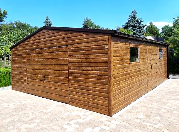 6x7m quality mobile garage with gable roof, plywood and felt cladding, light golden oak walls, tilting door and door, chocolate brown roof, windows, trims, guttering, horizontal cladding, double painted (black) frame