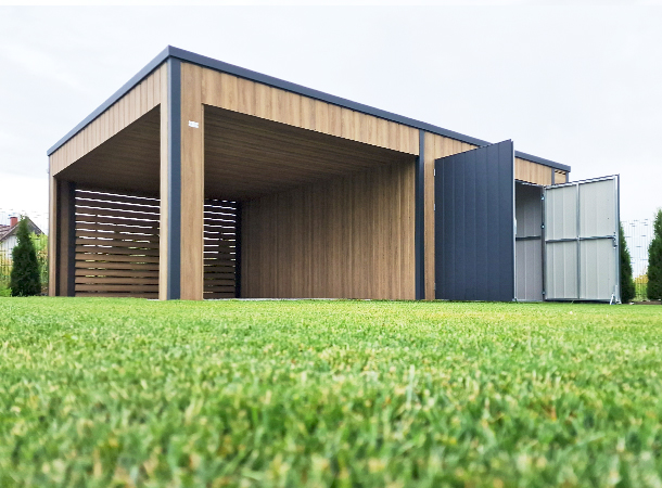 PULION DELUX minőségi lemezelt kocsibeálló CALGARY 7,35x5,55m-es DELUX mobilgarázs+kocsibeálló, hátra lejtő tetővel, kocsibeállóval, kétszárnyú kapuval, szegélyekkel, ereszcsatornával, függőleges lemezeléssel, horganyzott vázszerkezettel